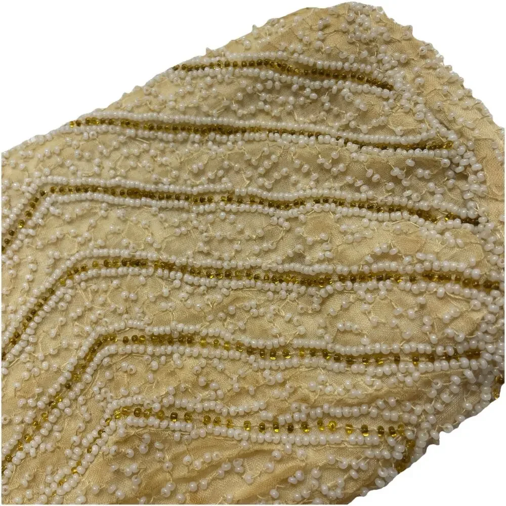 Vintage Ivory Beaded Clutch Purse Evening Bag Chevron Gold Accents